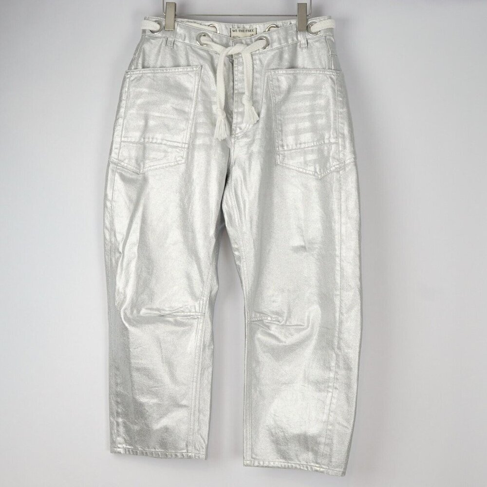 Free People Moxie Metallic Silver Low-Slung Barrel Jeans - Size 29